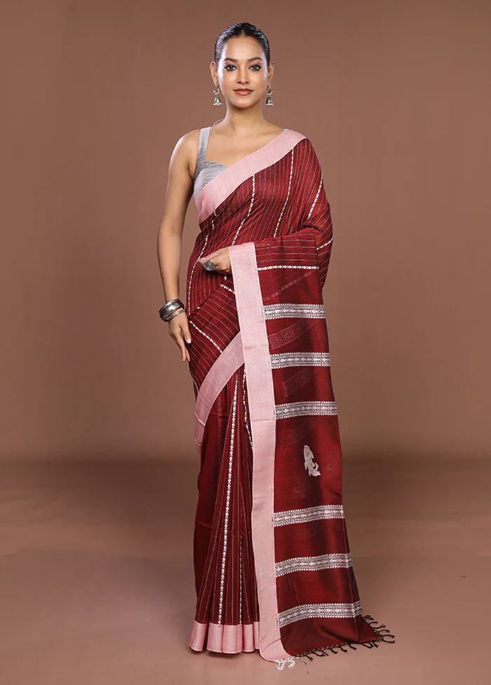 Maroon Matka Silk Saree With Blouse Piece - Image 2