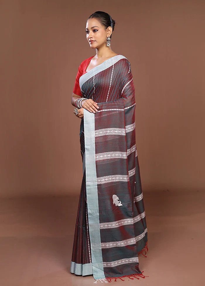 Maroon Matka Silk Saree With Blouse Piece - Image 4
