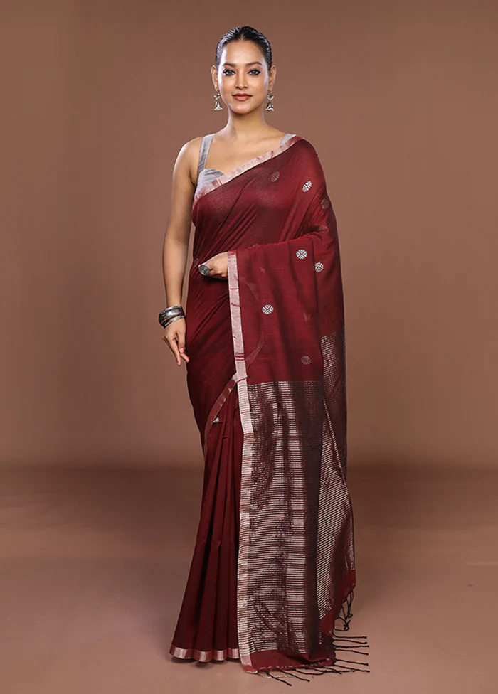Maroon Matka Silk Saree With Blouse Piece - Image 2