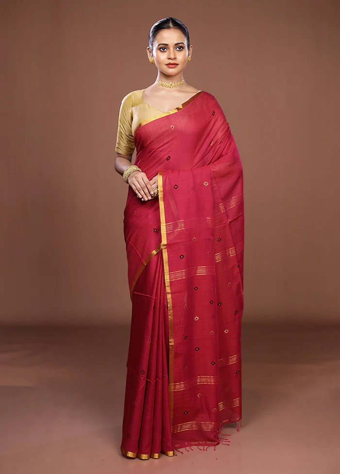 Maroon Matka Silk Saree With Blouse Piece - Image 2
