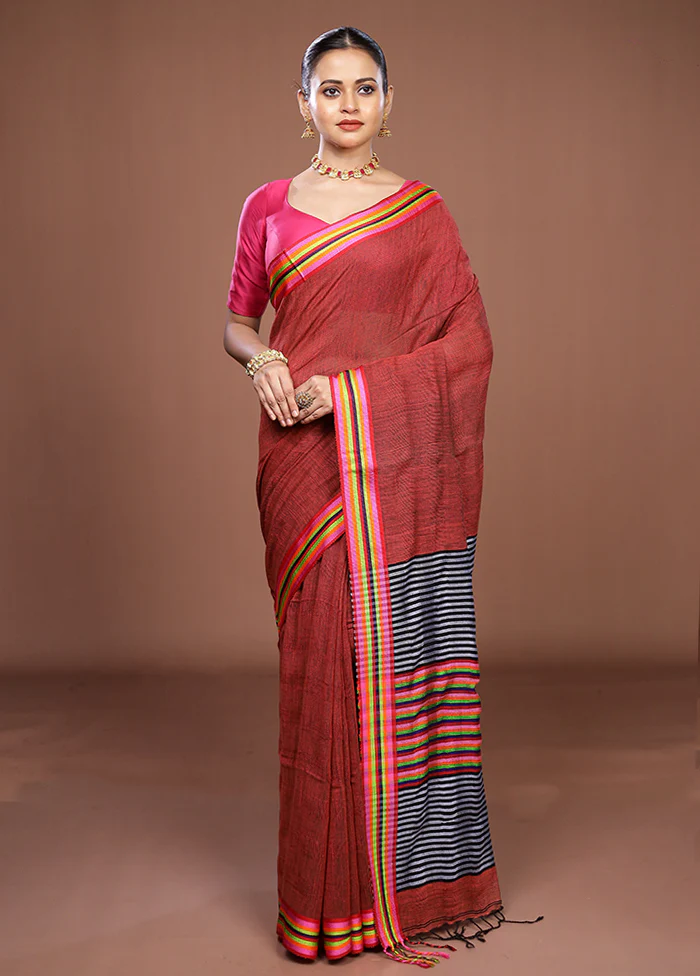 Maroon Matka Silk Saree With Blouse Piece - Image 2