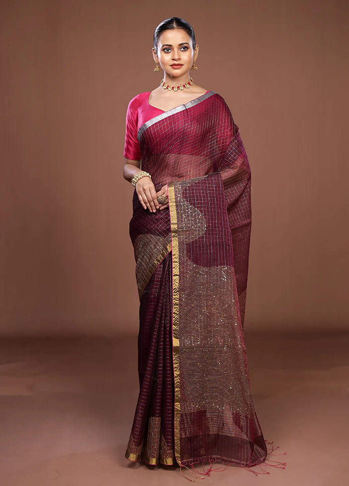 Maroon Matka Silk Saree With Blouse Piece - Image 2