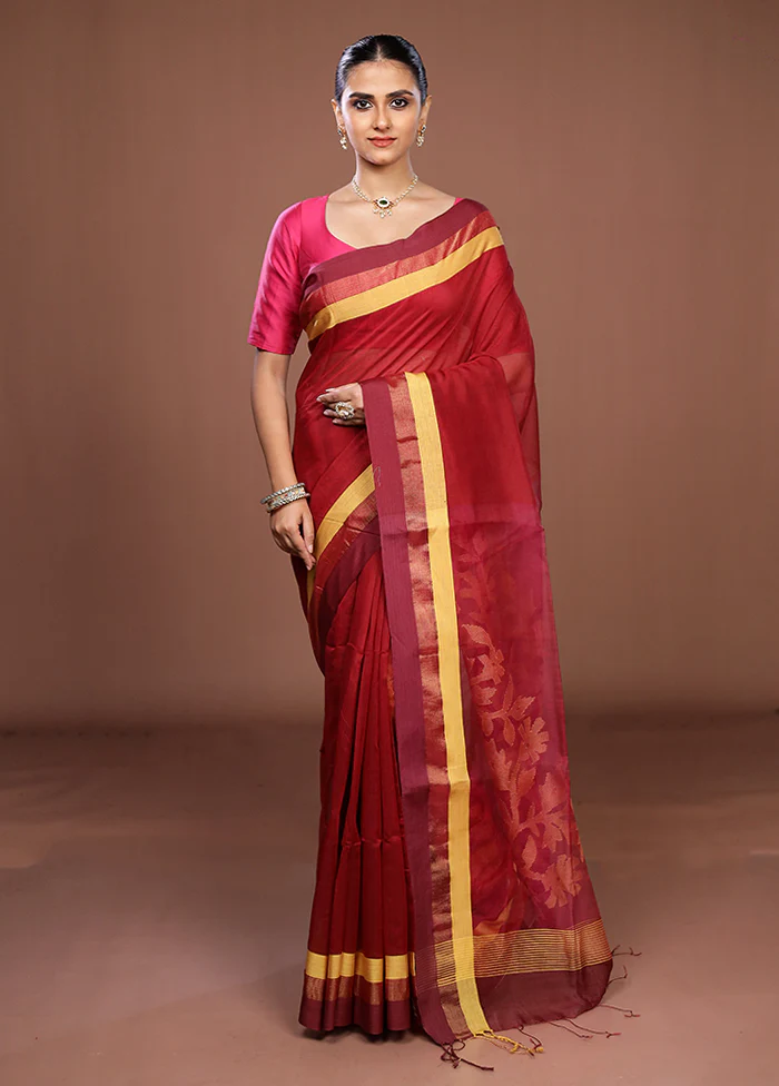 Maroon Matka Silk Saree With Blouse Piece - Image 2