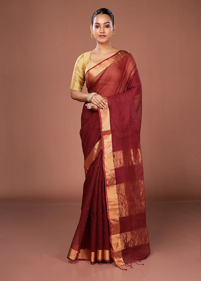 Maroon Matka Silk Saree With Blouse Piece - Image 2