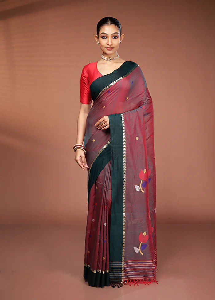 Maroon Matka Silk Saree With Blouse Piece - Image 2