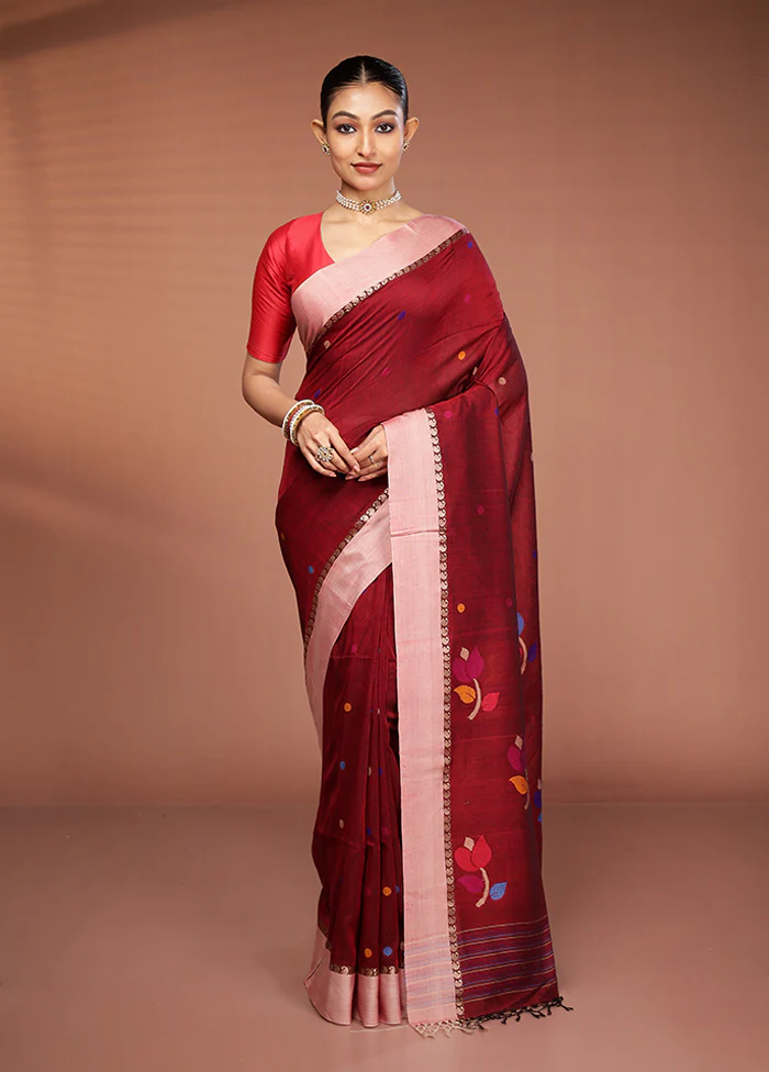 Maroon Matka Silk Saree With Blouse Piece - Image 2