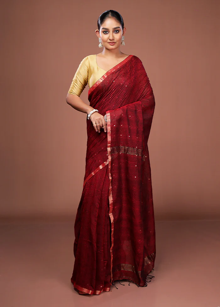 Maroon Matka Silk Saree With Blouse Piece - Image 2