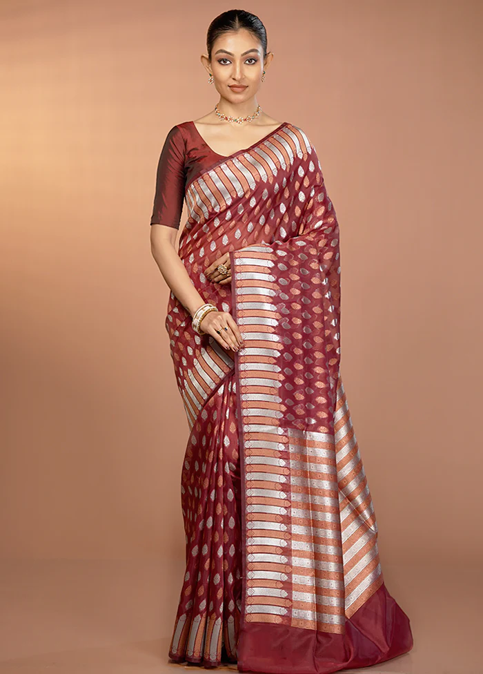 Maroon Organza Saree With Blouse Piece - Image 2
