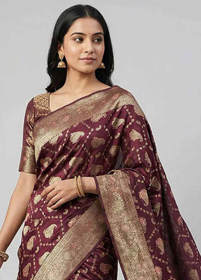 Maroon Organza Saree With Blouse Piece - Image 2