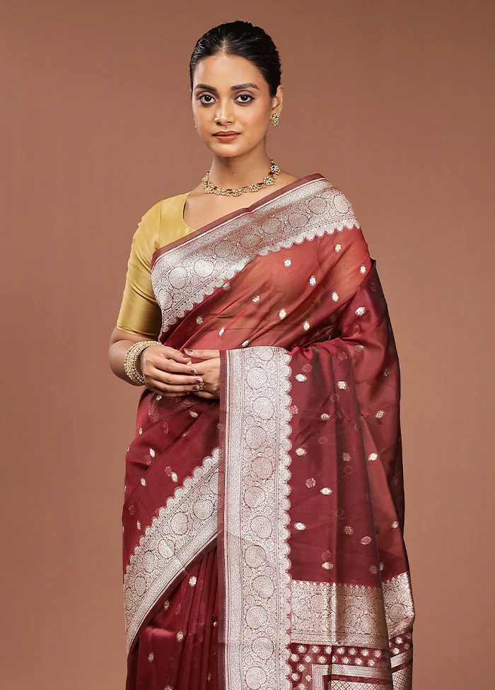 Maroon Organza Saree With Blouse Piece