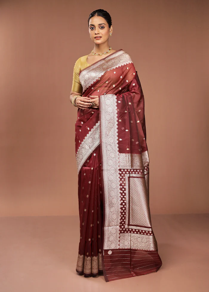 Maroon Organza Saree With Blouse Piece - Image 2