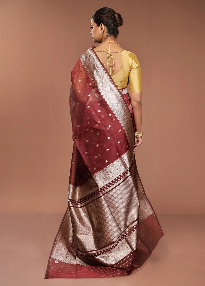 Maroon Organza Saree With Blouse Piece - Image 3