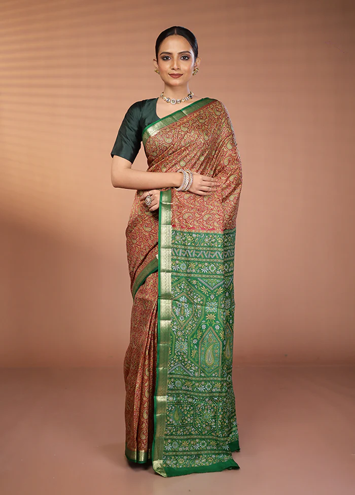 Maroon Printed Silk Saree Without Blouse Piece - Image 2