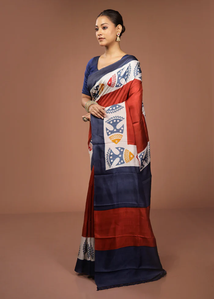Maroon Printed Pure Silk Saree Without Blouse Piece - Image 4
