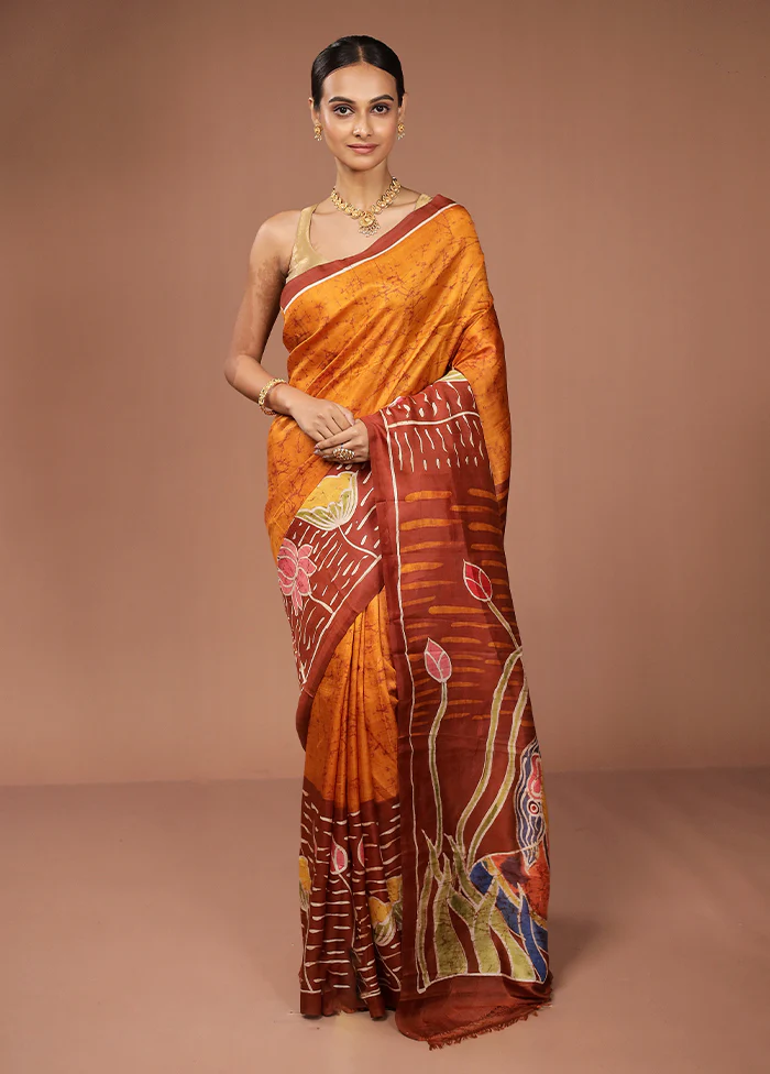 Yellow Printed Pure Silk Saree Without Blouse Piece - Image 2