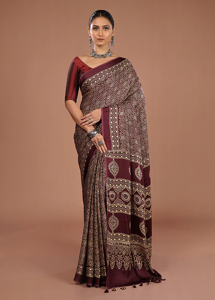 Maroon Printed Pure Silk Saree Without Blouse Piece - Image 2