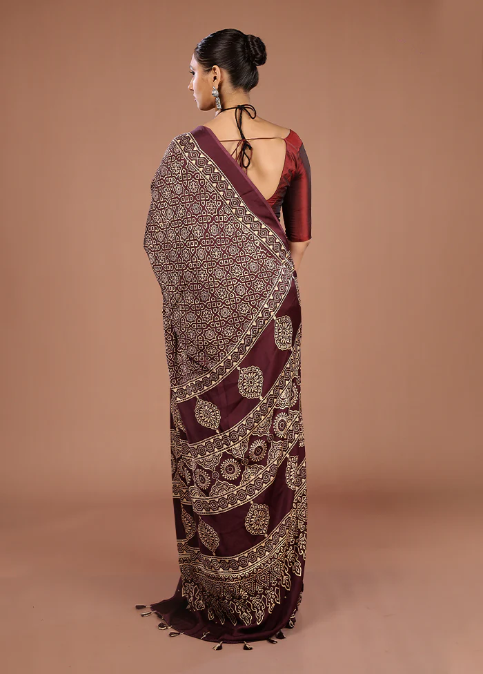Maroon Printed Pure Silk Saree Without Blouse Piece - Image 3