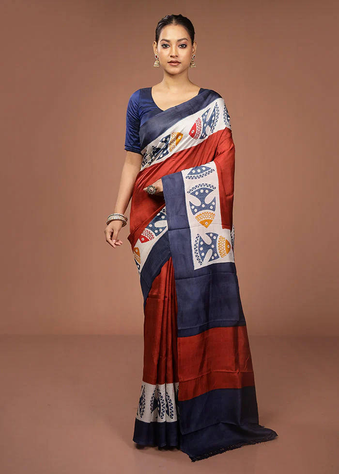 Maroon Printed Pure Silk Saree Without Blouse Piece - Image 2