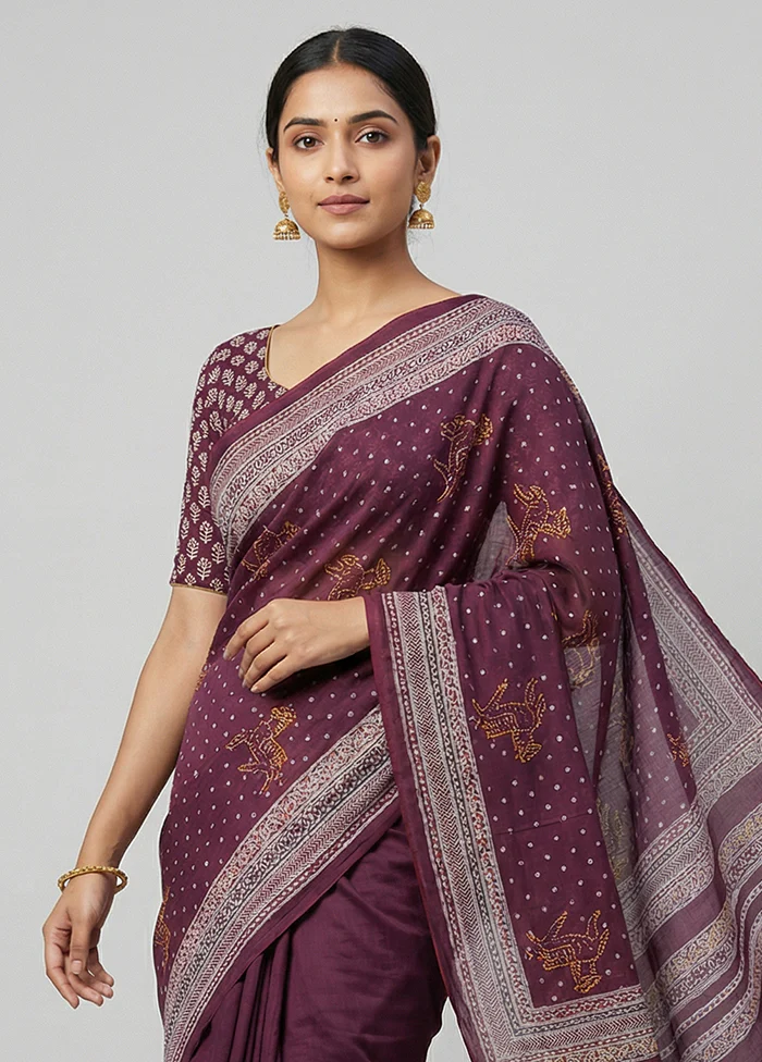 Maroon Printed Pure Silk Saree Without Blouse Piece - Image 2