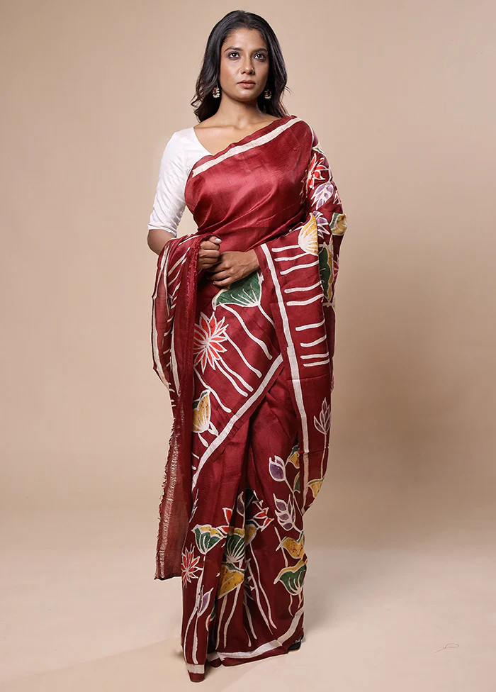 Maroon Printed Pure Silk Saree Without Blouse Piece - Image 2