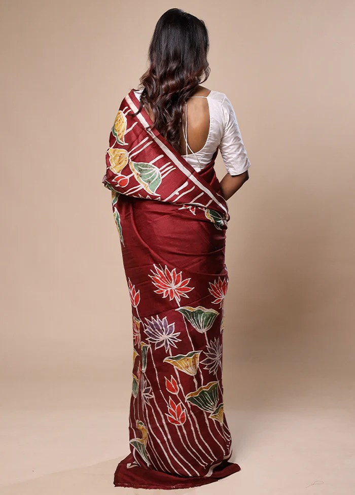 Maroon Printed Pure Silk Saree Without Blouse Piece - Image 3