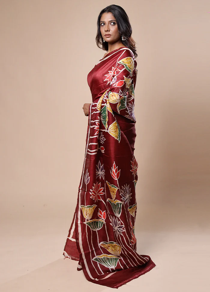 Maroon Printed Pure Silk Saree Without Blouse Piece - Image 4