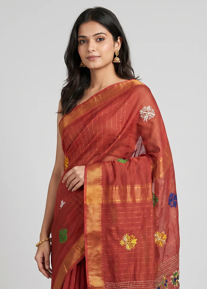Maroon Printed Silk Saree Without Blouse Piece - Image 2
