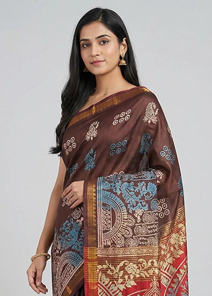 Maroon Printed Silk Saree Without Blouse Piece - Image 2