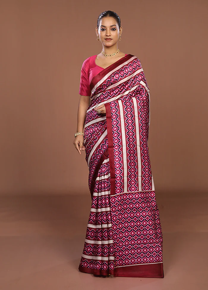 Maroon Printed Pure Silk Saree Without Blouse Piece - Image 2