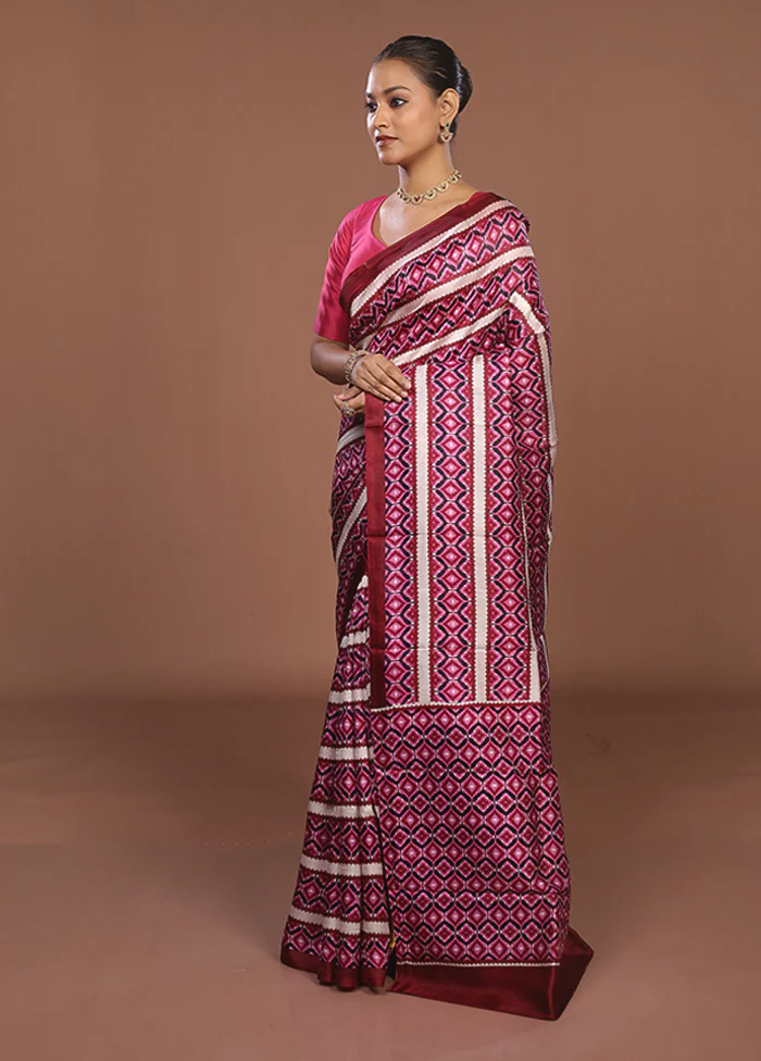 Maroon Printed Pure Silk Saree Without Blouse Piece - Image 4