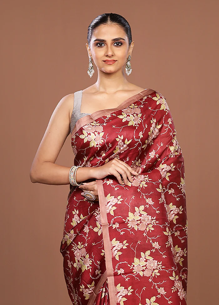 Maroon Printed Pure Silk Saree Without Blouse Piece