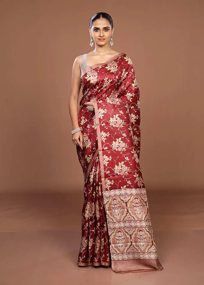 Maroon Printed Pure Silk Saree Without Blouse Piece - Image 2