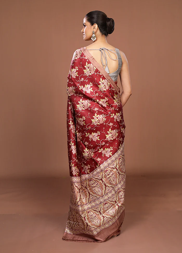 Maroon Printed Pure Silk Saree Without Blouse Piece - Image 3