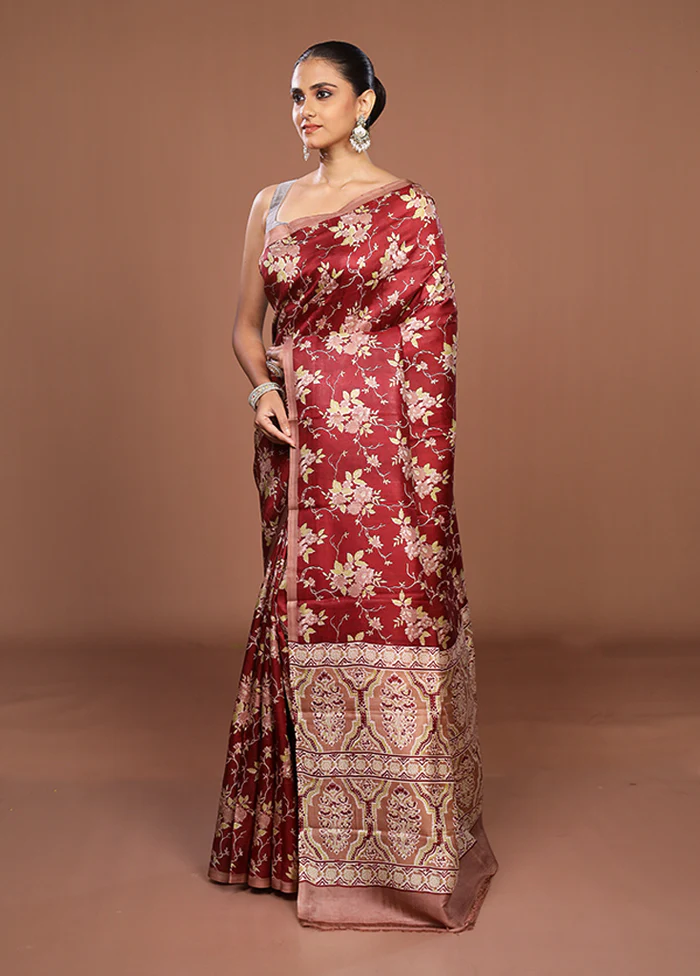 Maroon Printed Pure Silk Saree Without Blouse Piece - Image 4