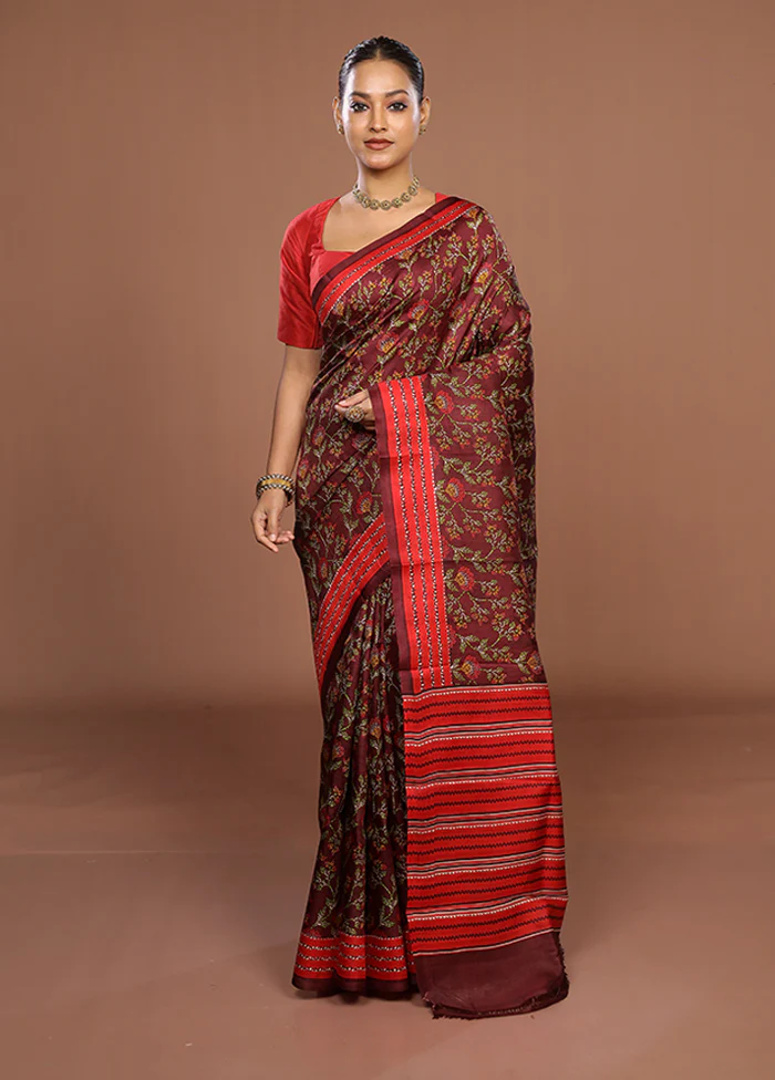 Maroon Printed Silk Saree Without Blouse Piece - Image 2
