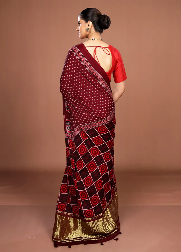 Maroon Printed Pure Silk Saree Without Blouse Piece - Image 3
