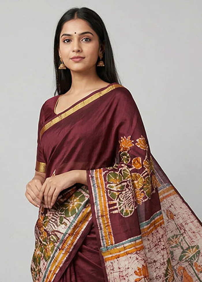 Maroon Printed Silk Saree Without Blouse Piece - Image 2