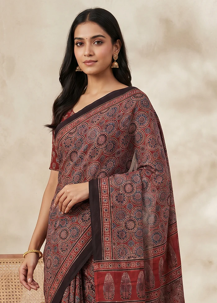Maroon Printed Pure Silk Saree Without Blouse Piece - Image 2