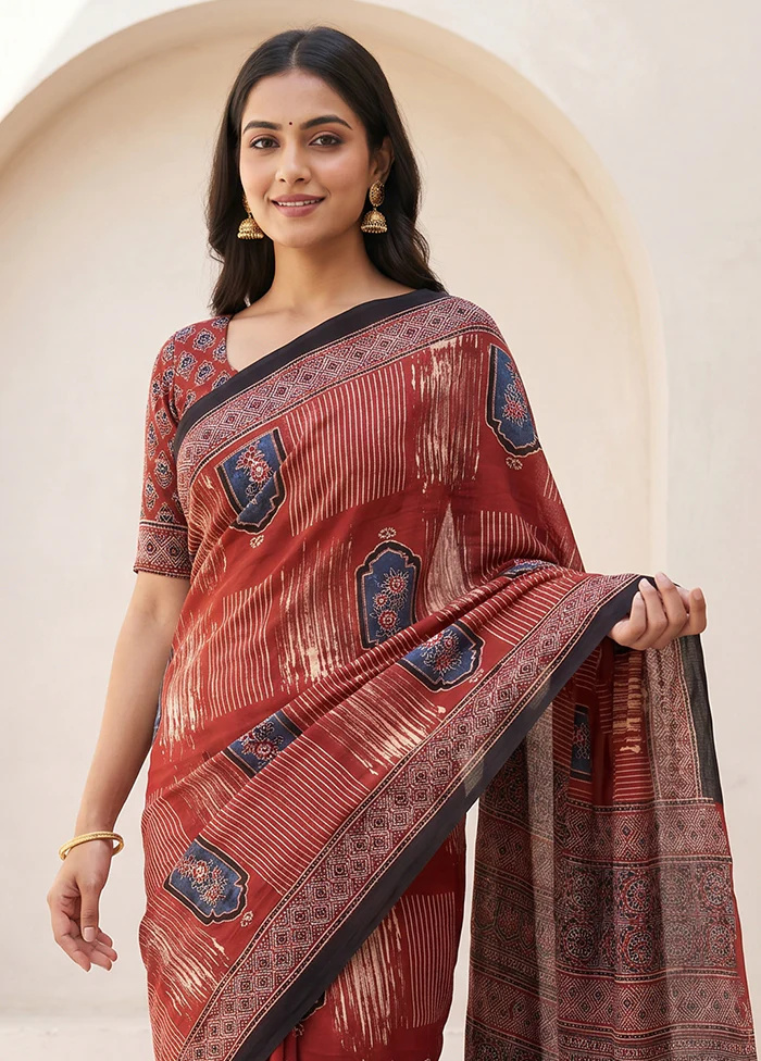 Maroon Printed Pure Silk Saree Without Blouse Piece - Image 2