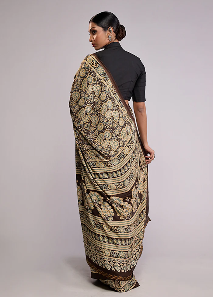 Brown Printed Silk Saree With Blouse Piece - Image 3