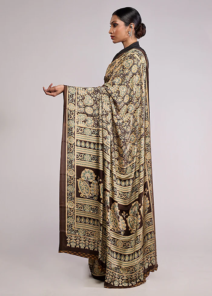 Brown Printed Silk Saree With Blouse Piece - Image 4