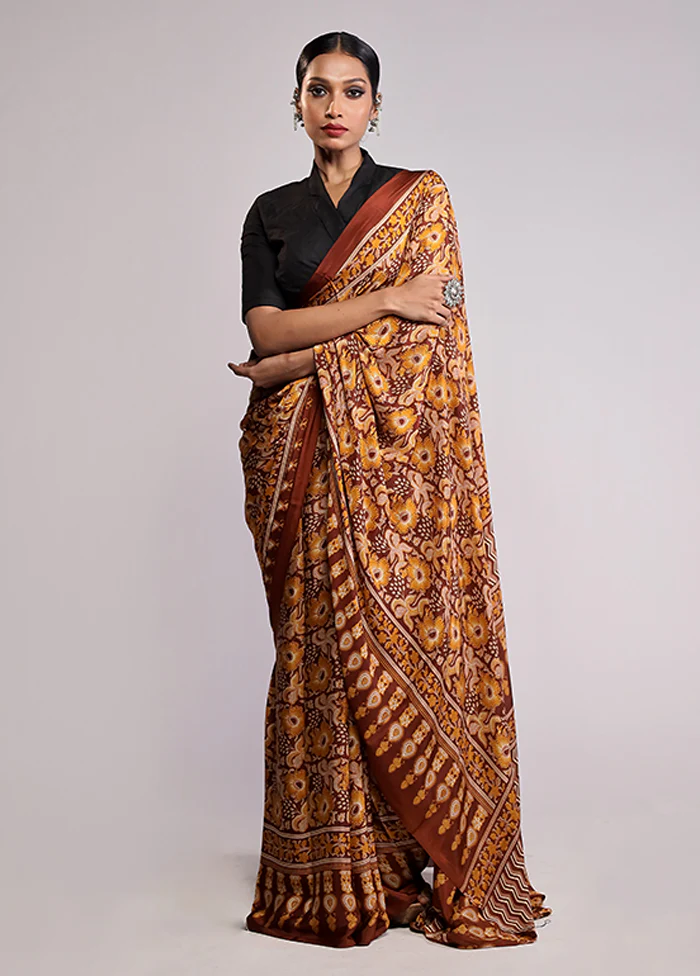 Yellow Printed Silk Saree With Blouse Piece - Image 2