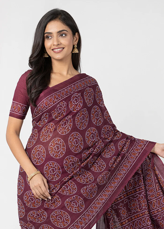 Maroon Printed Silk Saree Without Blouse Piece - Image 2