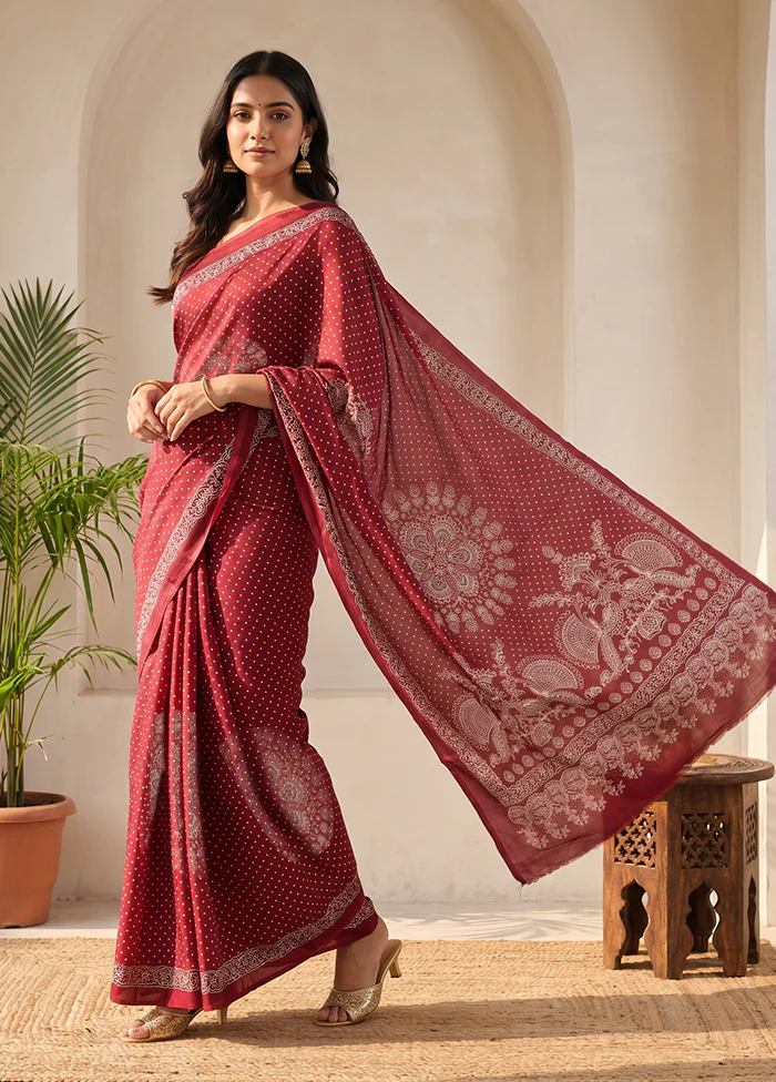 Maroon Printed Silk Saree Without Blouse Piece