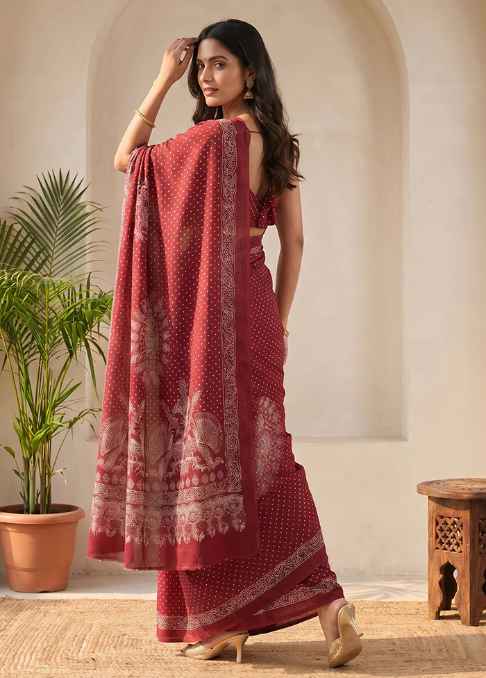 Maroon Printed Silk Saree Without Blouse Piece - Image 3