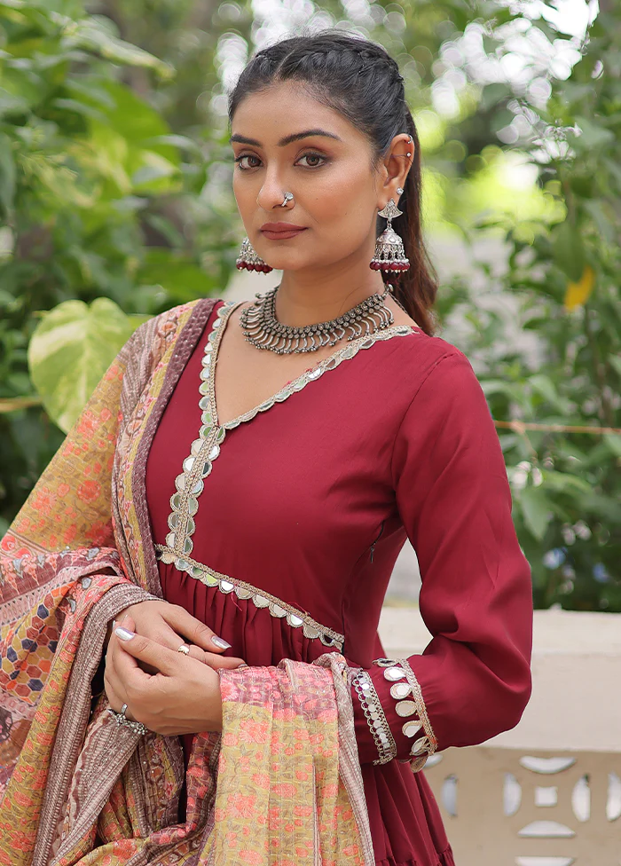 Maroon Printed Work Silk Gown With Dupatta Set - Image 2