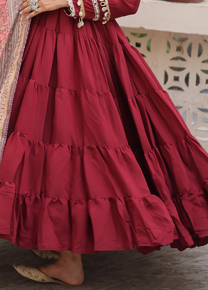 Maroon Printed Work Silk Gown With Dupatta Set - Image 3