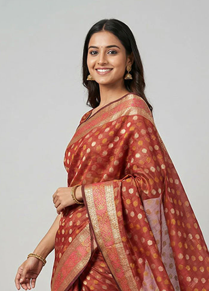 Maroon Pure Cotton Saree With Blouse Piece - Image 2