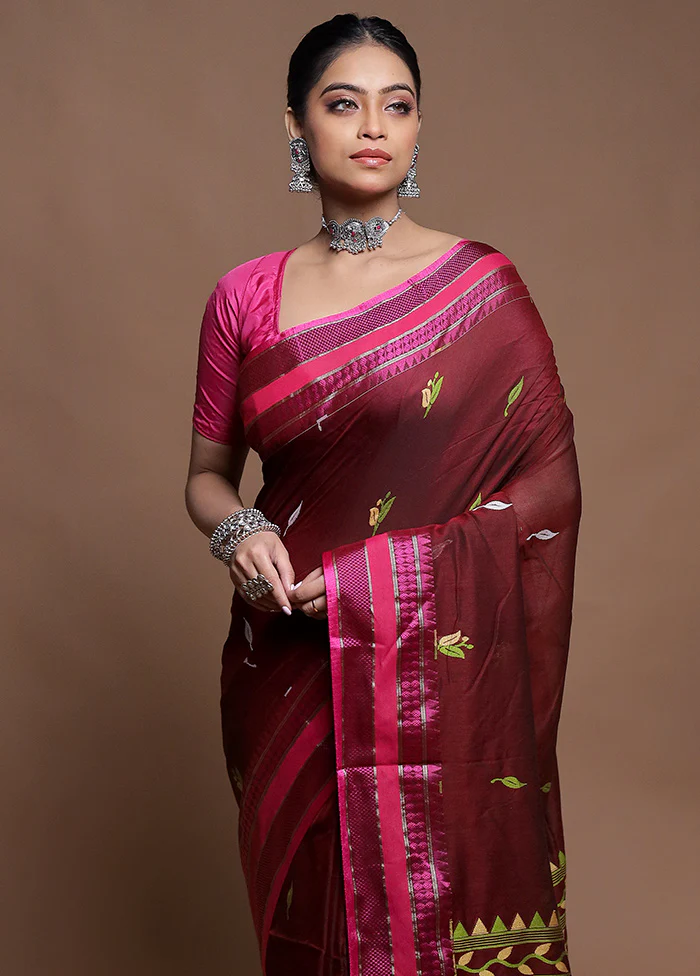 Maroon Pure Cotton Saree With Blouse Piece - Image 2