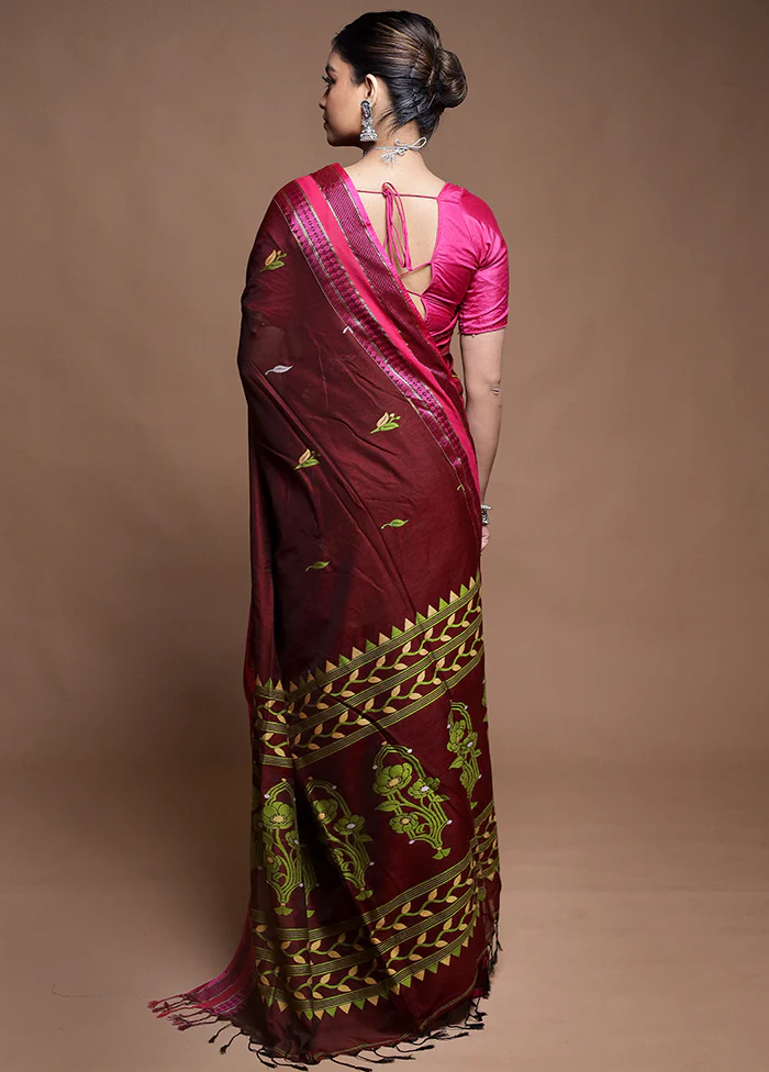 Maroon Pure Cotton Saree With Blouse Piece - Image 3
